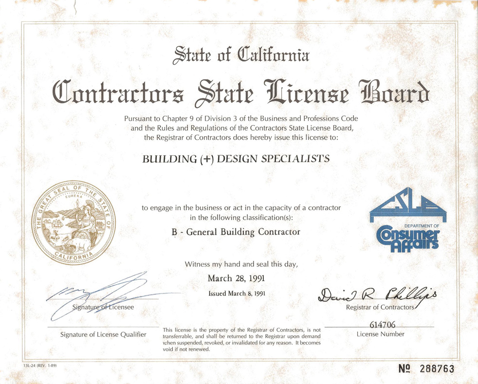 Contractors License Certificate